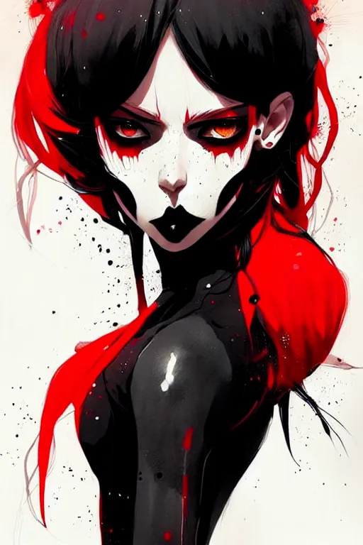 Prompt: a ultradetailed beautiful painting of a stylish goth girl, black eyes, red and black, by conrad roset, greg rutkowski and makoto shinkai trending on artstation