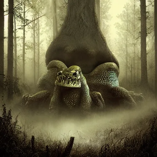 Image similar to giant evil toads in the forest, toads, foggy, atmospheric, highly detailed, hyperrealistic, gothic horror, by randy vargas