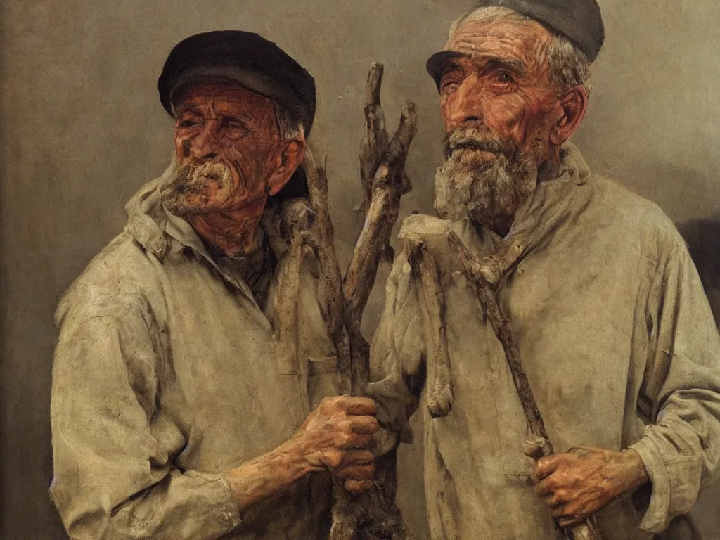 Prompt: portrait of an aged woodcutter. painting by borremans