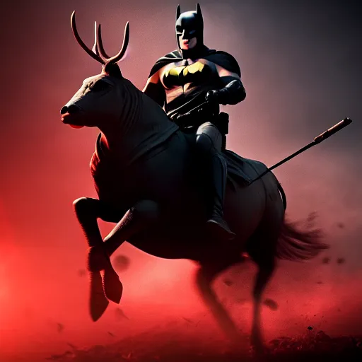 Prompt: batman riding red deer in battlefield, face detailed, dark, cinematic lighting, chaotic, wide shot, photorealistic, photograph