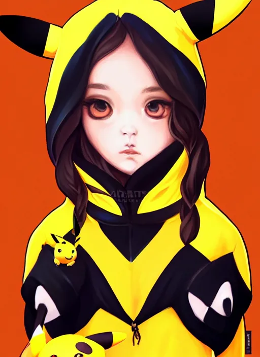 Image similar to a portrait of a girl in pikachu kigurumi, grim - lighting, high - contrast, intricate, elegant, highly detailed, digital painting, artstation, concept art, smooth, sharp focus, illustration