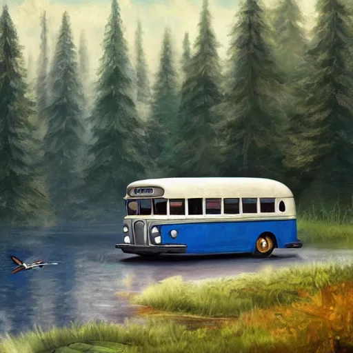 Image similar to a [ 5 0 s bus with wings ] flies above a forest and lake, [ oil painting ]!!, trending on cgsociety, 4 k