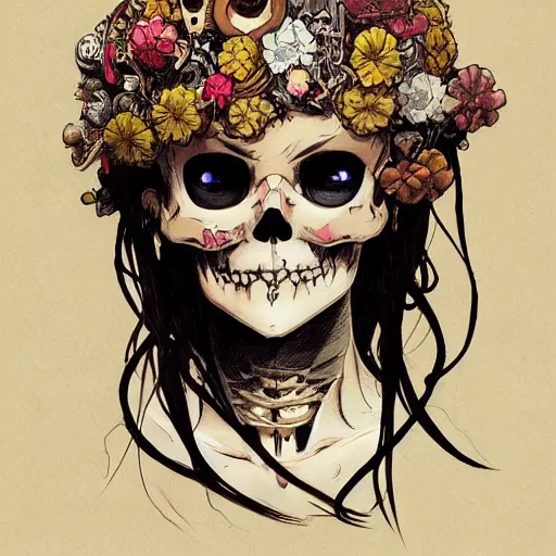 Image similar to anime manga skull portrait girl female skeleton illustration art Geof Darrow and Ashley wood and Ilya repin and alphonse mucha pop art