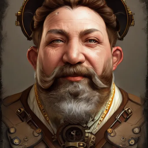 Prompt: Three quarters portrait of a male steampunk dwarf, highly detailed, digital painting, art by Stanley Lau and Artgerm and magali villeneuve and Alphonse Mucha, artstation, octane render, cgsociety