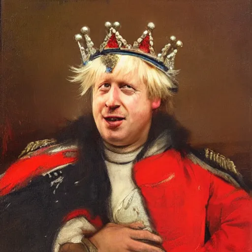 Image similar to boris johnson, wearing a crown, making a silly face, oil painting by jan matejko