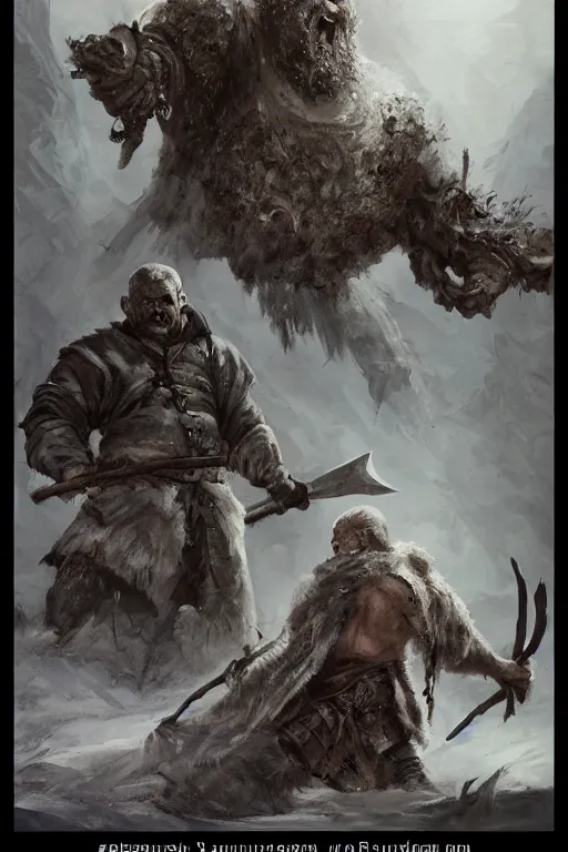 Prompt: A huge, imposing bald man with ashen skin, clothed in ragged furs, wielding a great battle-axe and screaming at the sky, surrounded by a pile of inanimate bodies. D&D, fantasy, dnd, intricate, highly detailed, smooth, artstation, digital illustration by Ruan Jia and Mandy Jurgens and Artgerm and Wayne Barlowe and Greg Rutkowski and Zdislav Beksinski