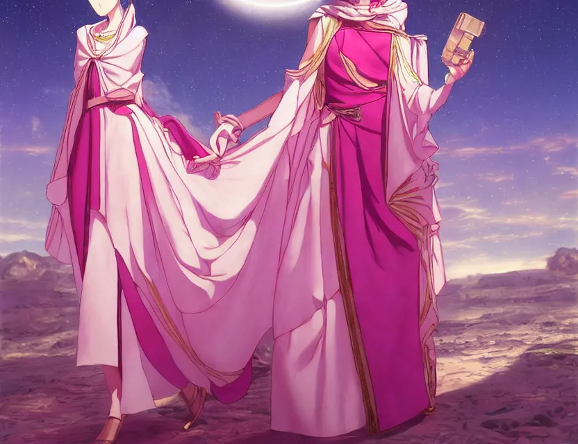 Prompt: middle eastern scifi princess at the rose springs, wearing a lovely dress with vaporwave details. this oil painting by the award - winning mangaka has an interesting color scheme and impeccable lighting.