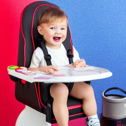 Prompt: Product photoshoot of a child's high chair in the style of a gaming chair black with red light