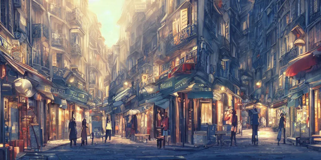 Prompt: a parisian street, a street in paris, ultra high quality, 4 k, by miyazaki and makoto shinkai, anime screenshot, colorful, artstation, pixiv,