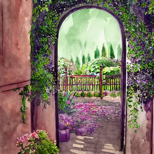 Image similar to delicate, mage enchanting chair, garden, paved, botanic watercolors, iridescent, 8 k, realistic shaded, fine details, artstation, italian, iron gate, tree, mediterranean