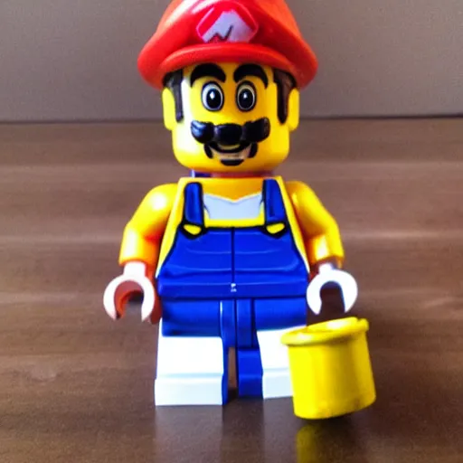 Image similar to a photo of realistic plumber mario as a lego mini figure