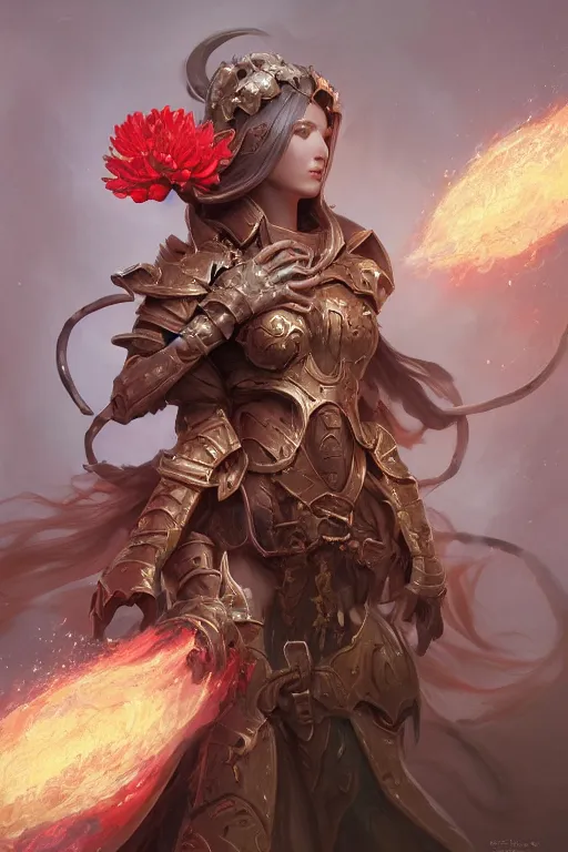 Prompt: beautiful girl necromancer covered with snake sking exploding into blood, practical armor, heroes of the storm, 3 d render, hyper realistic detailed portrait, holding magic flowers, ruan jia, wlop. scifi, fantasy, hyper detailed, octane render, concept art, peter mohrbacher