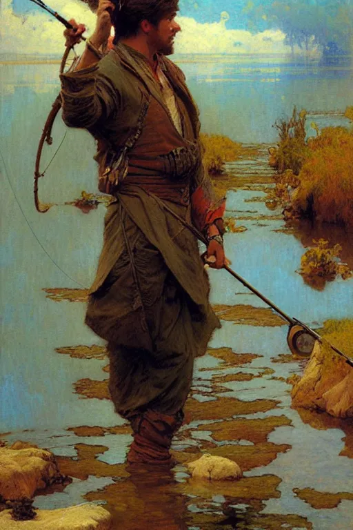 Image similar to attractive man, fishing, cool colors, painting by gaston bussiere, craig mullins, greg rutkowski, alphonse mucha