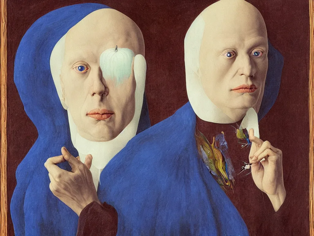 Image similar to Portrait of albino mystic with blue eyes, with cosmic wound. Painting by Jan van Eyck, Audubon, Rene Magritte, Agnes Pelton, Max Ernst, Walton Ford