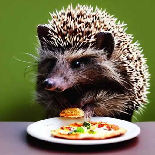 Image similar to still image of a cute hedgehog sitting at a tiny table eating a tiny pizza, photo