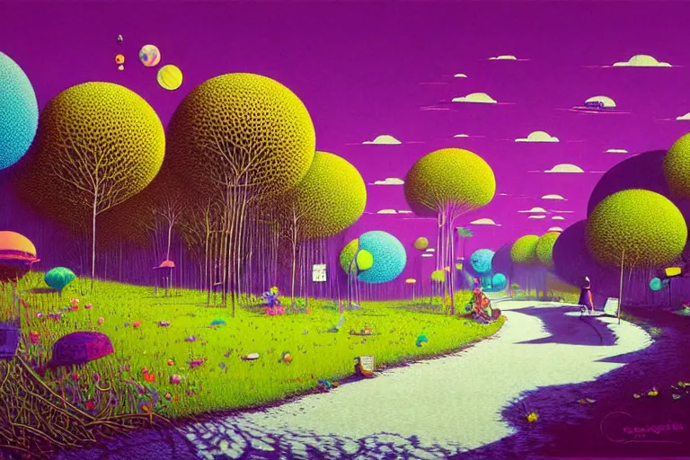 Image similar to surreal glimpse into other universe, jalan - jalan cari makan, summer morning, very coherent and colorful high contrast, art by!!!! gediminas pranckevicius!!!!, geof darrow, floralpunk screen printing woodblock, dark shadows, hard lighting, stipple brush technique,