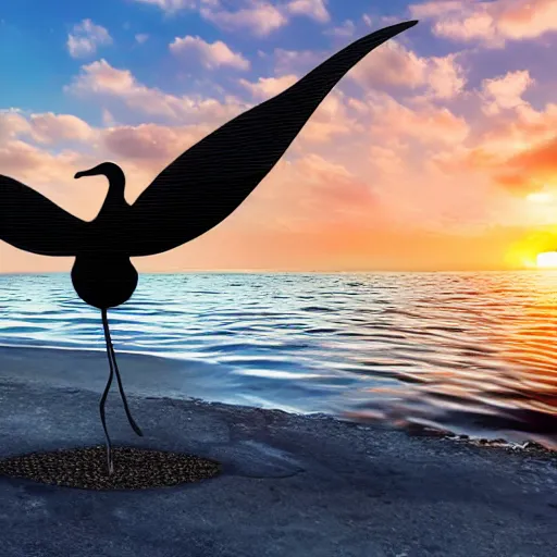 Prompt: a black swan made of a car tire garden sculpture is flying open wings in front of big orange sun sunset over the sea discovery channel animals film lens 8 k, photo realistic, cinematic