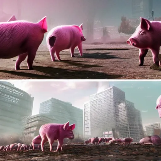 Prompt: dystopian world, pigs everywhere, realistic, alien, pink