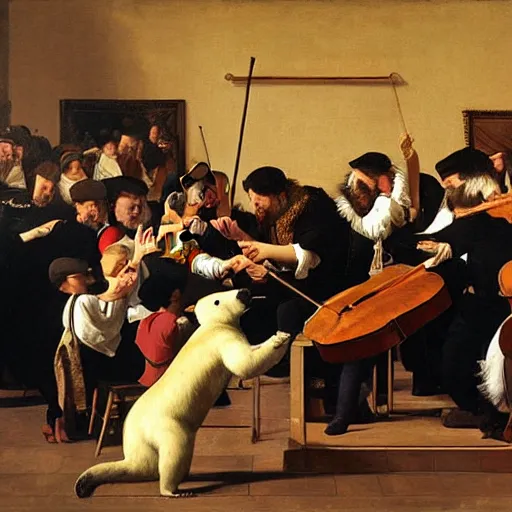 Prompt: a painting of a polar bear directing orchestra at the theatre by Caravaggio