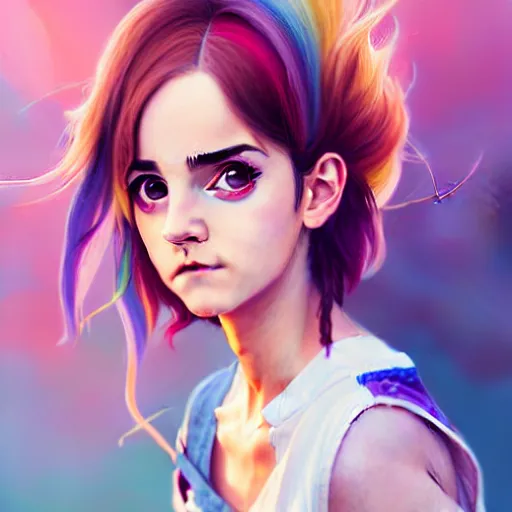 Prompt: Anime Emma Watson, hourglass slim figure, rainbow hair, attractive features, overalls, short shorts, body portrait, slight smile, highly detailed, digital painting, artstation, concept art, sharp focus, illustration, art by WLOP and greg rutkowski and alphonse mucha and artgerm,