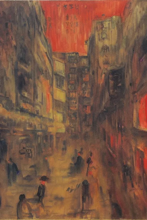 Image similar to extreme anxiety in kowloon walled city, oil painting by edvard munch