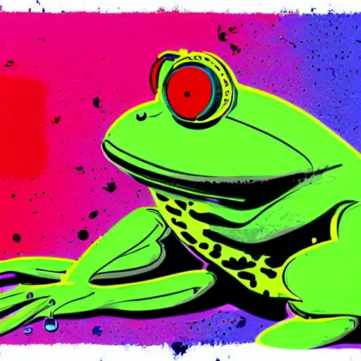 Prompt: illustration of cyberpunk frog, colorful splatters, by andy warhol and by zac retz and by kezie demessance