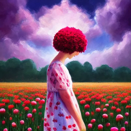 Image similar to head made of carnations, girl standing in a vast flower field, holding flowers, surreal photography, sunrise dramatic light, impressionist painting, colorful clouds, large sky, digital painting, artstation, simon stalenhag, flower face