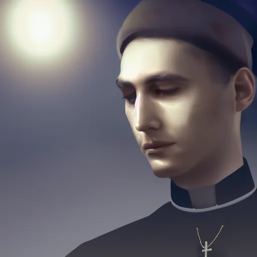 Image similar to Close up of a young, thin and stern catholic priest in his thirties fervently praying as he is about to die from the ominous terrifying Lovecraftian yellow shadow descending upon him from the night sky. Low angle, dramatic lighting. Award-winning digital art, trending on ArtStation