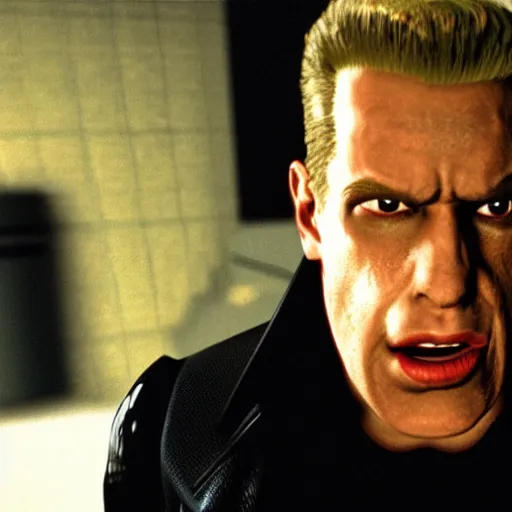 Prompt: Duke Nukem as The American Psycho, staring intensely, cinematic still