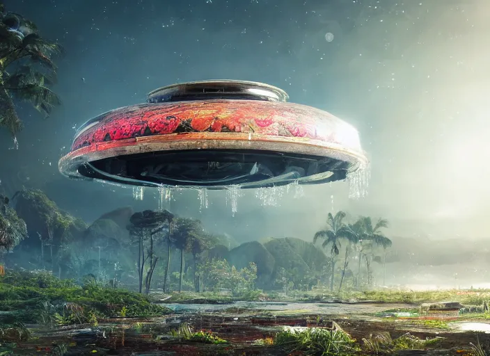 Image similar to abandoned giant ufo on a humongous paradise biome, fantasy, ornate, hyper realism, wet reflections, intricate, digital art, detailed, studio shot, unreal engine 5, octane, high definition, smooth, artstation, behance