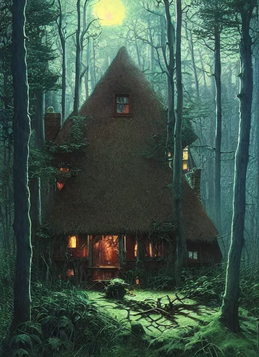 Image similar to hyper realistic witch cottage with mood lighting and technology in the woods gorgeous lighting, sunbeams blue sky, highly detailed, lush forest foliage painting by zdzisław beksinski and norman rockwell and greg rutkowski weta studio, and lucasfilm