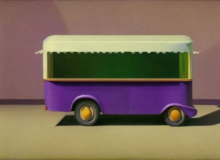 Image similar to a purple and green ice cream van that sells snake oil instead of ice cream, snake oil salesman selling little brown bottles of medicine, snake van, painting by René Magritte, Edward Hopper, 3D rendered