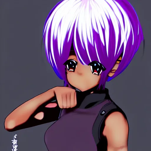 Image similar to black anime manga girl, throwing punch to camera pose, french bob hair, white hair, wearing camo, purple eyes, realistic, 4 k!!!, art station