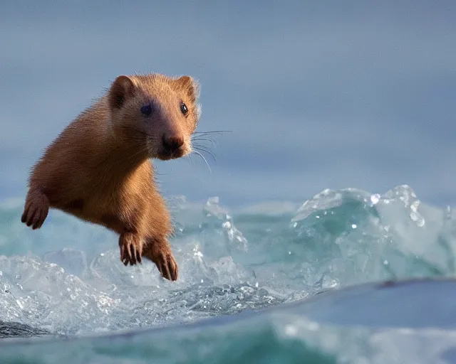 Image similar to 4 k hd, high resolution photograph of weasel surfing, shot with sigma f / 4. 2, 2 5 0 mm sharp lens, wide shot, high level texture render