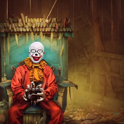 Prompt: sad klaus schwab wearing bizarre clown makeup, and intricate clown costume, sitting on a throne in an abandoned outhouse, by rossdraws, vivid colors, studio lighting, digital artwork, uhd, best of artstation