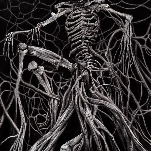 Prompt: award - winning painting of a skeleton infested with pitch black, tar - like, shadow roots with lots of tendrils on the skin, black veins, intricate detail, deep black roots, infestation, shadowy, lovecraftian, beksinksi, black and white, chiaroscuro, full body shot