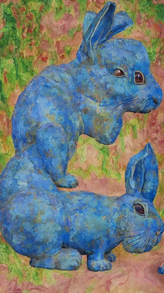 Image similar to a detailed huge rabbit statue beside a big blue persian pot by rafael