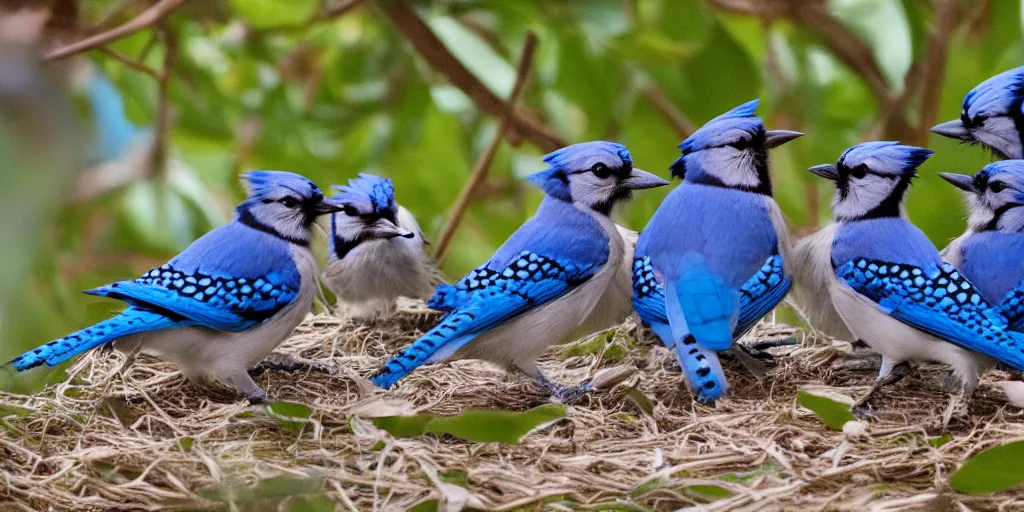 Prompt: a group of blue jay birds having a tea party.