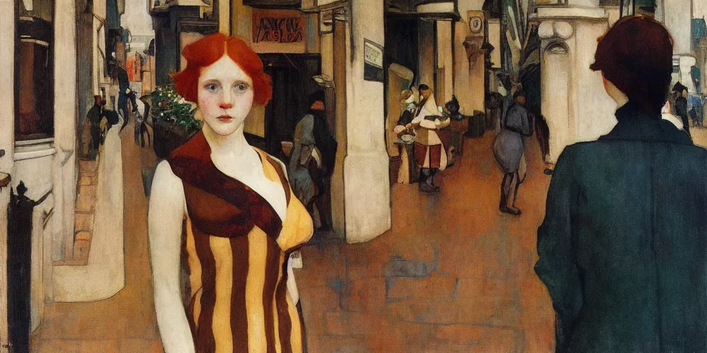 Image similar to a young red haired woman with freckles looks deeply into the camera, 1920's london street, art nouveau, style of Joel Meyerowitz, gustav klimpt, painterly