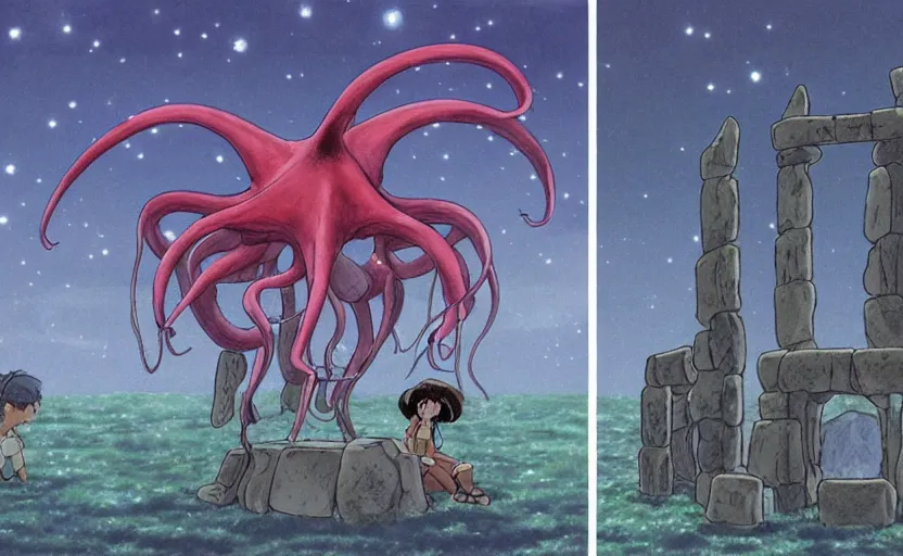 Image similar to a realistic cell - shaded studio ghibli concept art from paprika ( 2 0 0 6 ) of a flying multi - colored octopus from close encounters of the third kind ( 1 9 7 7 ) and a grey long - haired witch in a flooded stonehenge on a misty starry night. very dull colors, wide shot, hd, 4 k, hq