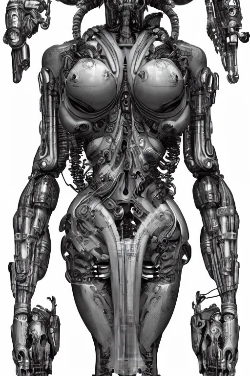 Image similar to andriod hindu goddess with gunmetal grey skin, medical anatomy, very symmetrical face, highly detailed, japanese mecha, three - perspective / three - view reference sheet ( front / back / side ), in the style of dan ouellette, dren from splice, hr giger, sil from species, artstation, unreal engine