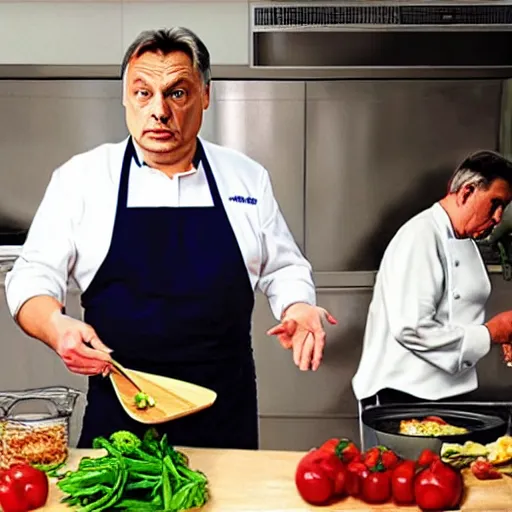 Image similar to viktor orban cooks in a tv show, oil painting