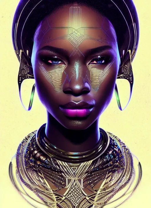 Image similar to portrait of african female humanoid, very intricate, elegant, cyber neon lights, highly detailed, digital illustration, trending in artstation, trending in pinterest, glamor pose, concept art, smooth, sharp focus, art by artgerm and greg rutkowski