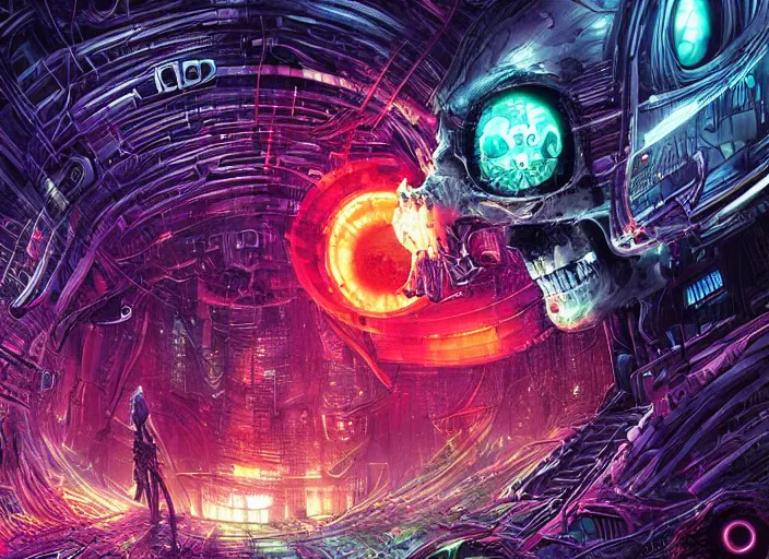 Image similar to a futuristic skull with glowing eyes and a wormhole tunnel, cyberpunk art by android jones