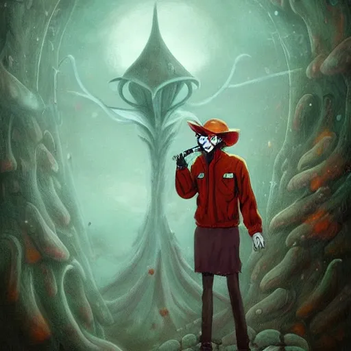 Image similar to A centered chest up portrait of a psychedelic godlike atlas mothman smoking a hand-rolled cigarette smoking heavily , magic mushroom village in background , award winning. superb resolution. in the art style of junji Ito and greg rutkowski . Detailed Mushroom city in background. Hyper realistic anime. Perfect art. Dalle2