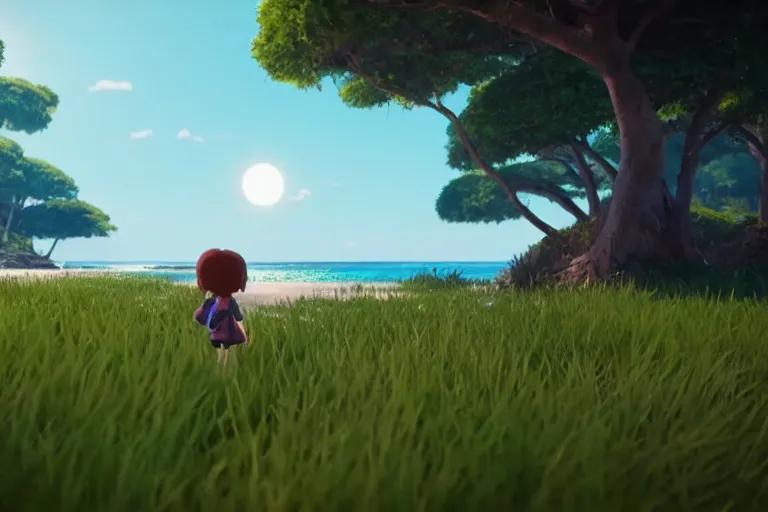 Image similar to game trailer of a semi realistic first person studio ghibli, pixar and disney animation, sharp, shooter game trailer on a shining beach, beach landscape, rendered in unreal engine 5, cinematic lighting, ray tracing, unreal engine 5, photorealistic