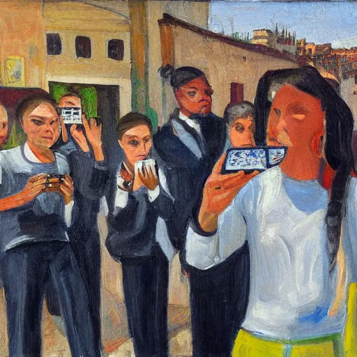 Image similar to teenegers with phones as head stend in front of a school in genoa. painting