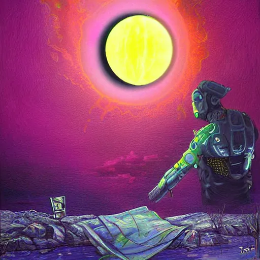 Image similar to Surreal nuclear eclipse blast, cyberpunk, art by Sandra Pelser