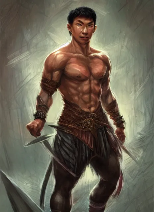 Image similar to muscly asian man with medium black parted hair, dndbeyond, bright, colourful, realistic, dnd character portrait, full body, pathfinder, pinterest, art by ralph horsley, dnd, rpg, lotr game design fanart by concept art, behance hd, artstation, deviantart, hdr render in unreal engine 5