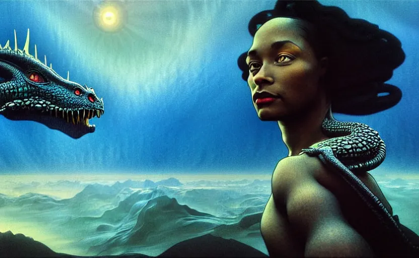 Image similar to realistic detailed photorealistic film close up portrait shot of a beautiful black woman, sci-fi landscape with a dragon on background by Denis Villeneuve, Amano, Yves Tanguy, Alphonse Mucha, Ernst Haeckel, Andrei Tarkovsky, Edward Robert Hughes, Roger Dean, rich moody colours, wide angle, blue eyes